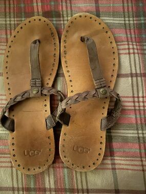 UGG Brown Braided Leather Thong Sandals